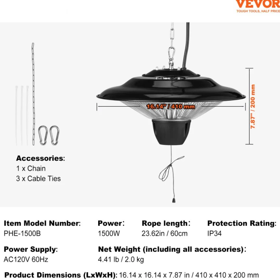 VEVOR Hanging Patio Heater, 1500W Outdoor/Indoor Electric Space Infrared Heater, IP34 Protection Ceiling Heater with 23.6 inch Pull Cord & 20 inch Adjustable Chain, for Porch,Patio,Dining Room,Studio