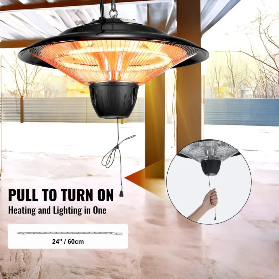 VEVOR Hanging Patio Heater, 1500W Outdoor/Indoor Electric Space Infrared Heater, IP34 Protection Ceiling Heater with 23.6 inch Pull Cord & 20 inch Adjustable Chain, for Porch,Patio,Dining Room,Studio