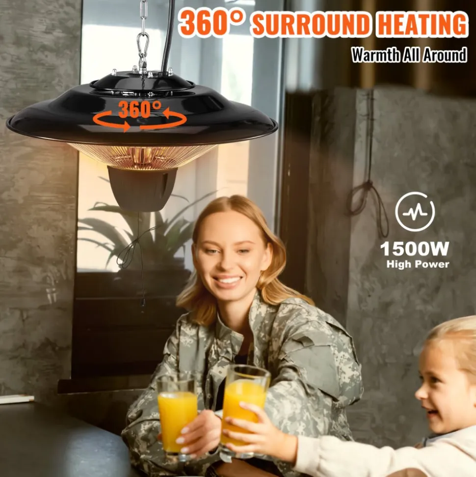 VEVOR Hanging Patio Heater, 1500W Outdoor/Indoor Electric Space Infrared Heater, IP34 Protection Ceiling Heater with 23.6 inch Pull Cord & 20 inch Adjustable Chain, for Porch,Patio,Dining Room,Studio