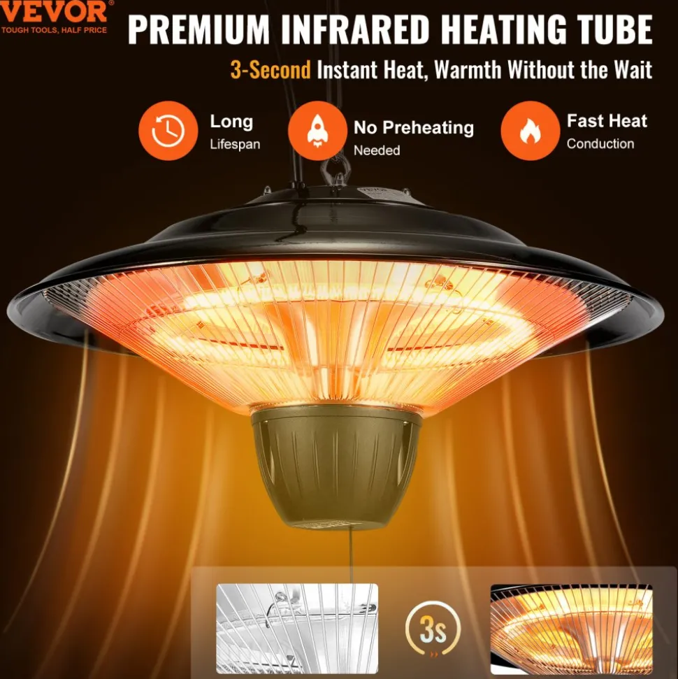 VEVOR Hanging Patio Heater, 1500W Outdoor/Indoor Electric Space Infrared Heater, IP34 Protection Ceiling Heater with 23.6 inch Pull Cord & 20 inch Adjustable Chain, for Porch,Patio,Dining Room,Studio