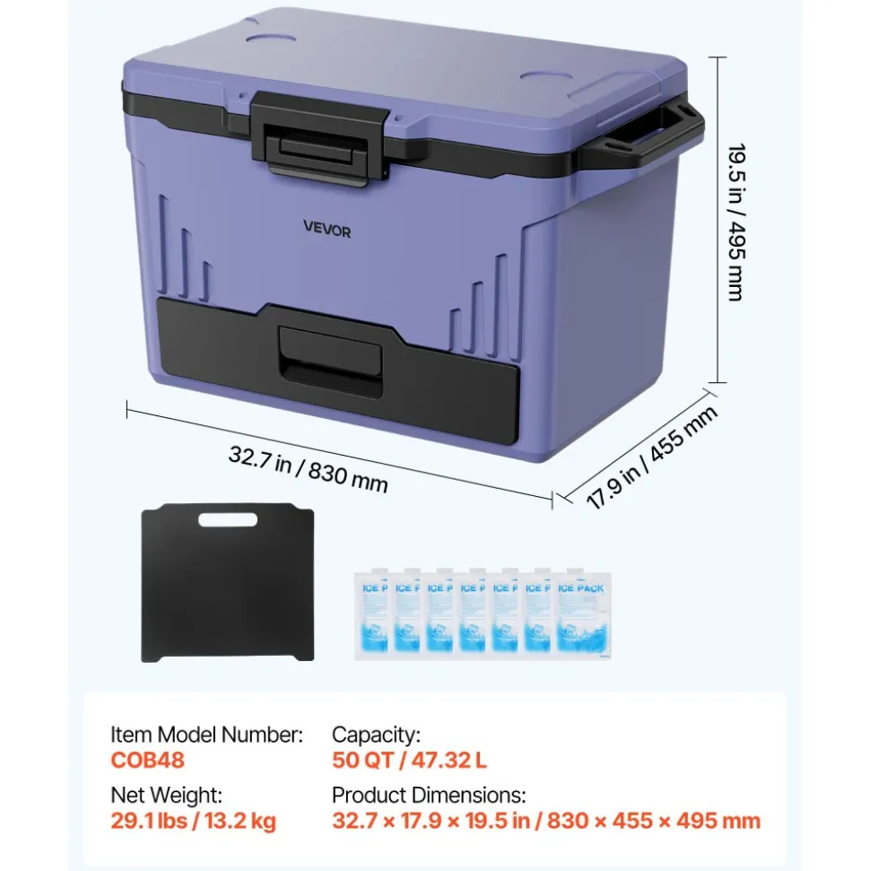 VEVOR Hard Cooler, 50QT Portable Cooler, Leak-Resistant Coolbox Keeps Contents Cool for 48 Hours, Insulated Chests with Ice Retention and Heavy-Duty Handle, Ultra-Light for Camping, Concerts, Sports