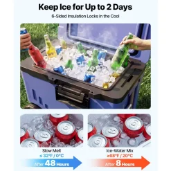 VEVOR Hard Cooler, 45QT Portable Rolling Cooler with Wheels, Leak-Resistant Coolbox Keeps Contents Cool for 48 Hours, Ice Retention Insulated Chests, Ultra-Light for Outdoor Picnics, Grill, Camping