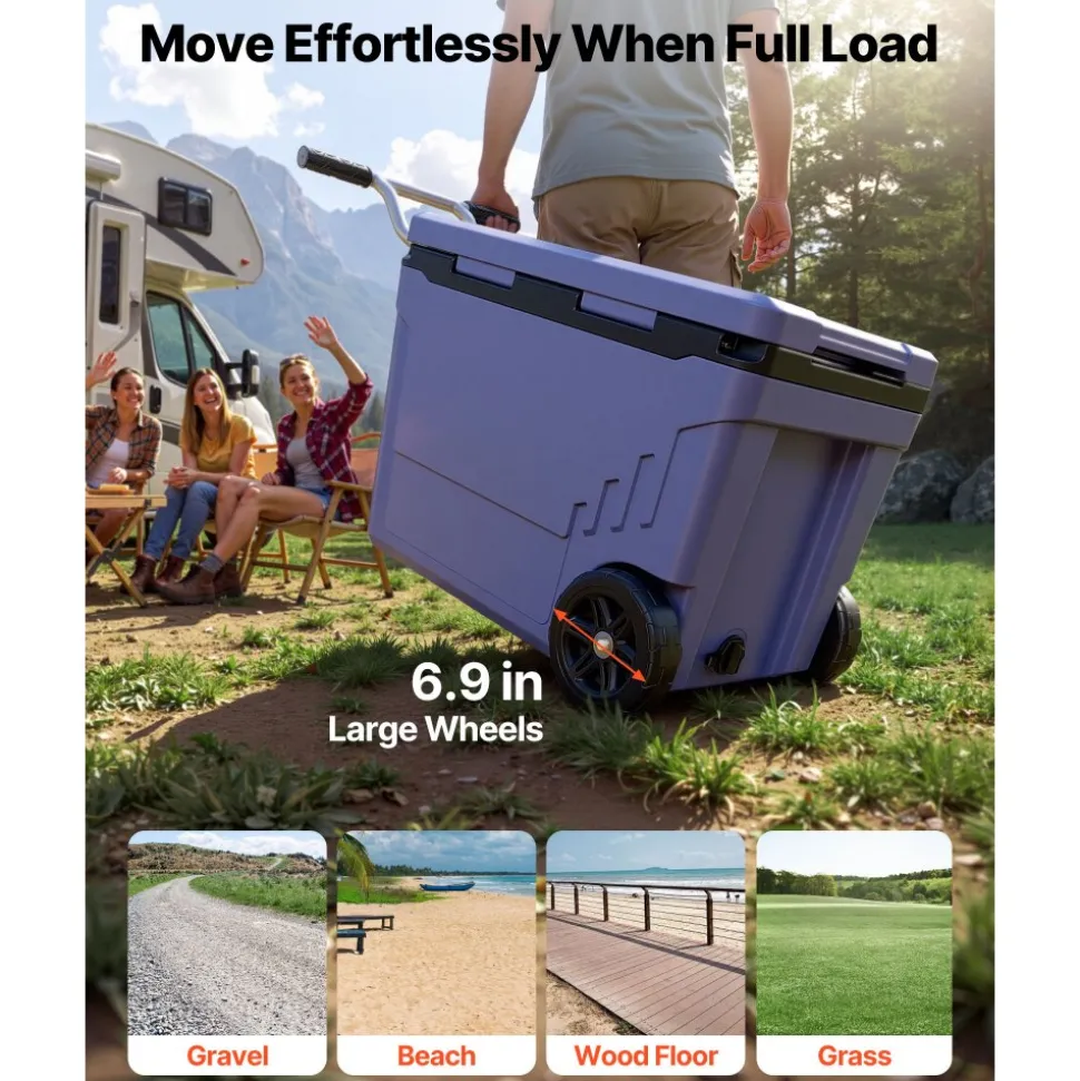 VEVOR Hard Cooler, 45QT Portable Rolling Cooler with Wheels, Leak-Resistant Coolbox Keeps Contents Cool for 48 Hours, Ice Retention Insulated Chests, Ultra-Light for Outdoor Picnics, Grill, Camping