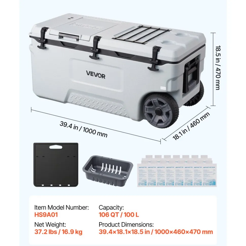 VEVOR Hard Cooler, 106QT Portable Rolling Cooler with Wheels, Leak-Resistant Coolbox Keeps Contents Cool for 48 Hours, Ice Retention Insulated Chests, Ultra-Light for Outdoor Picnics, Grill, Camping