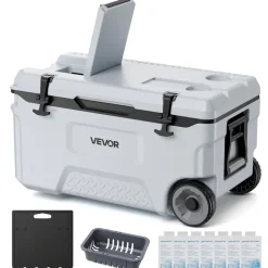 VEVOR Hard Cooler, 52QT Portable Rolling Cooler with Wheels, Leak-Resistant Coolbox Keeps Contents Cool for 48 Hours, Ice Retention Insulated Chests, Ultra-Light for Outdoor Picnics, Grill, Camping