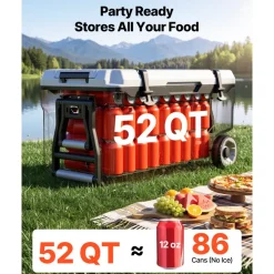 VEVOR Hard Cooler, 52QT Portable Rolling Cooler with Wheels, Leak-Resistant Coolbox Keeps Contents Cool for 48 Hours, Ice Retention Insulated Chests, Ultra-Light for Outdoor Picnics, Grill, Camping