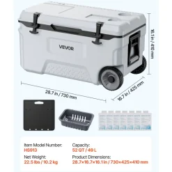 VEVOR Hard Cooler, 52QT Portable Rolling Cooler with Wheels, Leak-Resistant Coolbox Keeps Contents Cool for 48 Hours, Ice Retention Insulated Chests, Ultra-Light for Outdoor Picnics, Grill, Camping