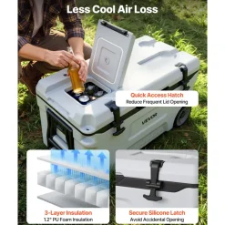 VEVOR Hard Cooler, 52QT Portable Rolling Cooler with Wheels, Leak-Resistant Coolbox Keeps Contents Cool for 48 Hours, Ice Retention Insulated Chests, Ultra-Light for Outdoor Picnics, Grill, Camping