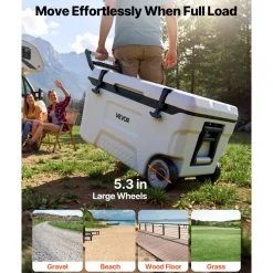VEVOR Hard Cooler, 52QT Portable Rolling Cooler with Wheels, Leak-Resistant Coolbox Keeps Contents Cool for 48 Hours, Ice Retention Insulated Chests, Ultra-Light for Outdoor Picnics, Grill, Camping