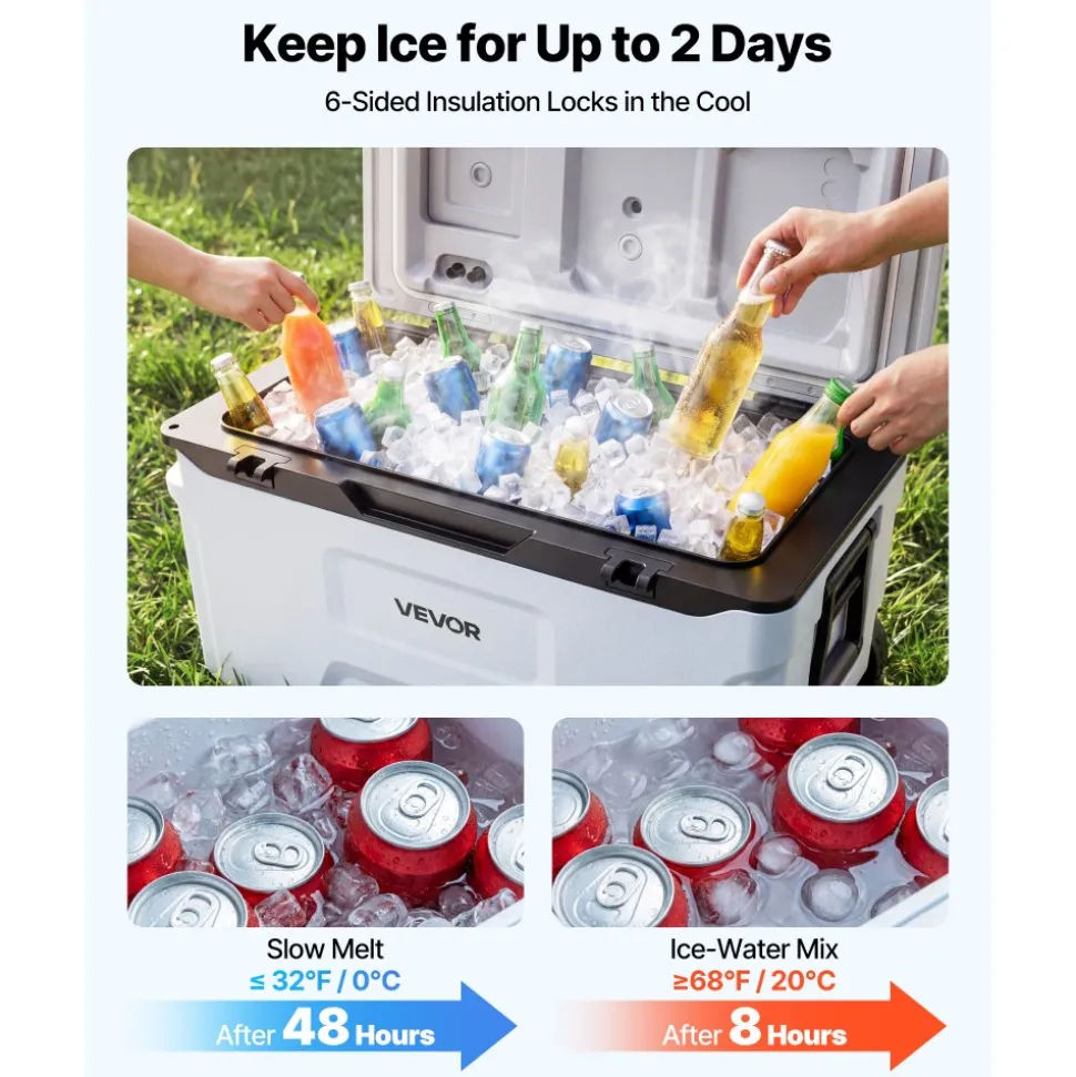 VEVOR Hard Cooler, 52QT Portable Rolling Cooler with Wheels, Leak-Resistant Coolbox Keeps Contents Cool for 48 Hours, Ice Retention Insulated Chests, Ultra-Light for Outdoor Picnics, Grill, Camping