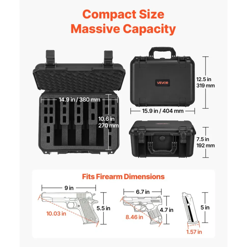 VEVOR Hard Pistol Case, Heavy Duty Hard Gun Case with XPE Foam Lining, Waterproof Pistol Storage Box with Customizable Interior & Handle for Gun, Lenses, Camera, Gear, TSA Compliant, 15.9x12.5x7.5 in