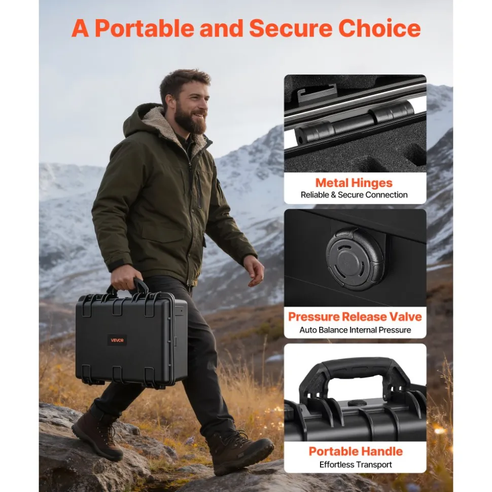 VEVOR Hard Pistol Case, Heavy Duty Hard Gun Case with XPE Foam Lining, Waterproof Pistol Storage Box with Customizable Interior & Handle for Gun, Lenses, Camera, Gear, TSA Compliant, 18.7x12.5x7.5 in