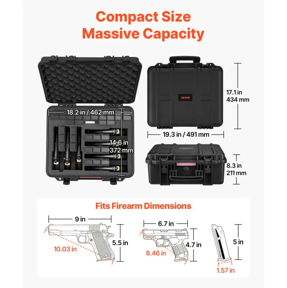 VEVOR Hard Pistol Case, Heavy Duty Hard Gun Case with XPE Foam Lining, Waterproof Pistol Storage Box with Customizable Interior & Handle for Gun, Lenses, Camera, Gear, TSA Compliant, 19.3x17.1x8.3 in