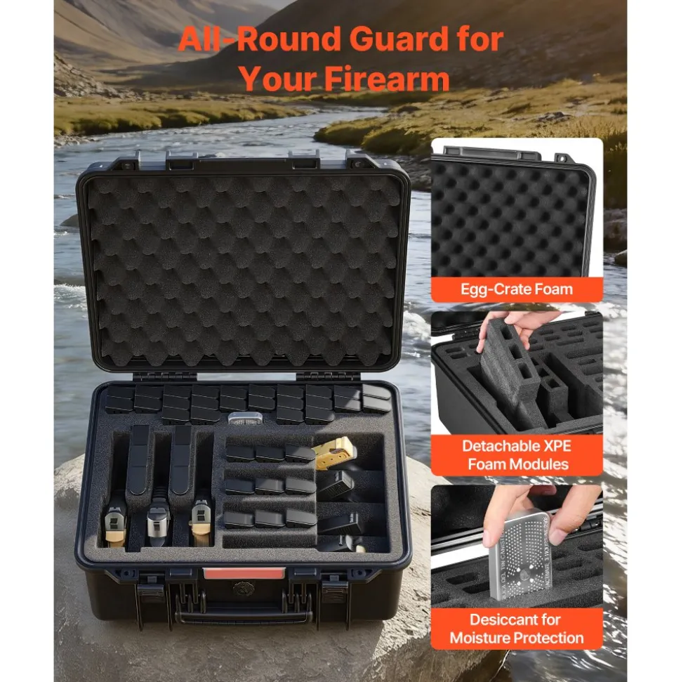 VEVOR Hard Pistol Case, Heavy Duty Hard Gun Case with XPE Foam Lining, Waterproof Pistol Storage Box with Customizable Interior & Handle for Gun, Lenses, Camera, Gear, TSA Compliant, 19.3x17.1x8.3 in