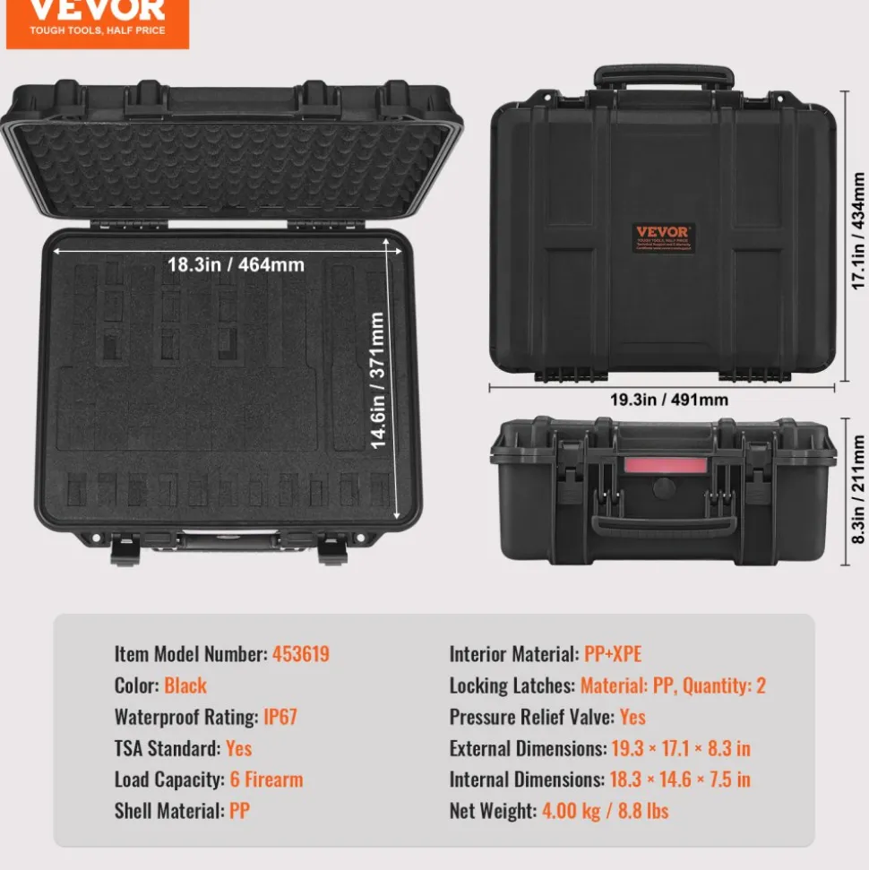 VEVOR Hard Pistol Cases with Pre-cut Lining, Waterproof & Dustproof Hard Gun Case for 6 Pistol, 19.3×17.1×8.3 in Lockable Pistol Case, Black