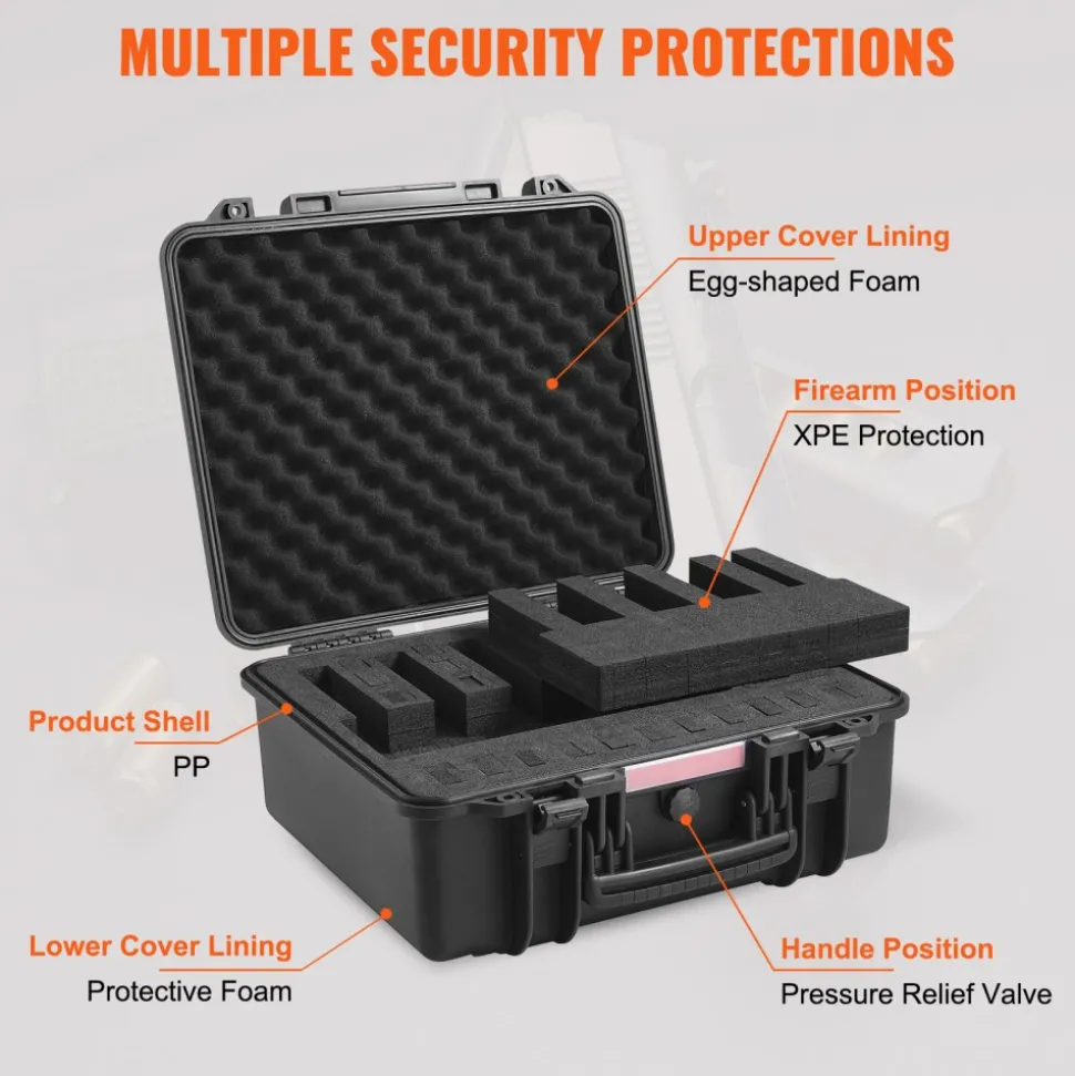 VEVOR Hard Pistol Cases with Pre-cut Lining, Waterproof & Dustproof Hard Gun Case for 6 Pistol, 19.3×17.1×8.3 in Lockable Pistol Case, Black