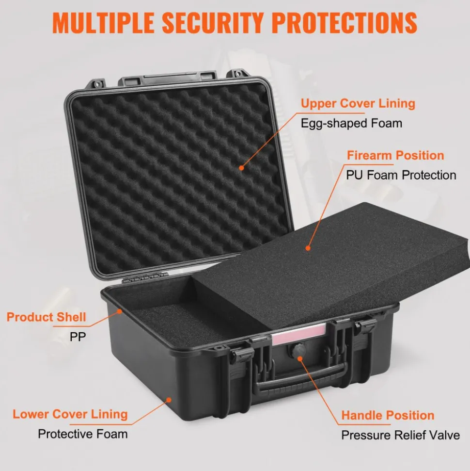 VEVOR Hard Pistol Cases with Pre-cut PU Foam, Waterproof & Dustproof Hard Gun Case for 6 Pistol, 19.3×17.1×8.3 in Lockable Pistol Case, Black
