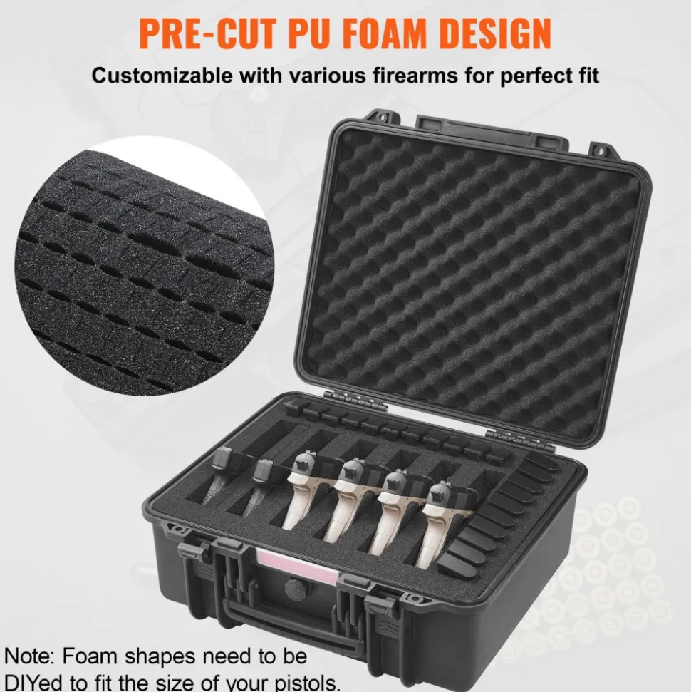 VEVOR Hard Pistol Cases with Pre-cut PU Foam, Waterproof & Dustproof Hard Gun Case for 6 Pistol, 19.3×17.1×8.3 in Lockable Pistol Case, Black