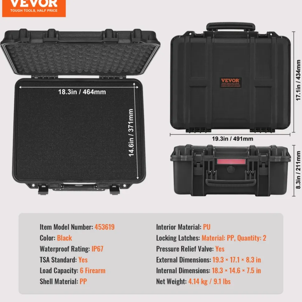 VEVOR Hard Pistol Cases with Pre-cut PU Foam, Waterproof & Dustproof Hard Gun Case for 6 Pistol, 19.3×17.1×8.3 in Lockable Pistol Case, Black