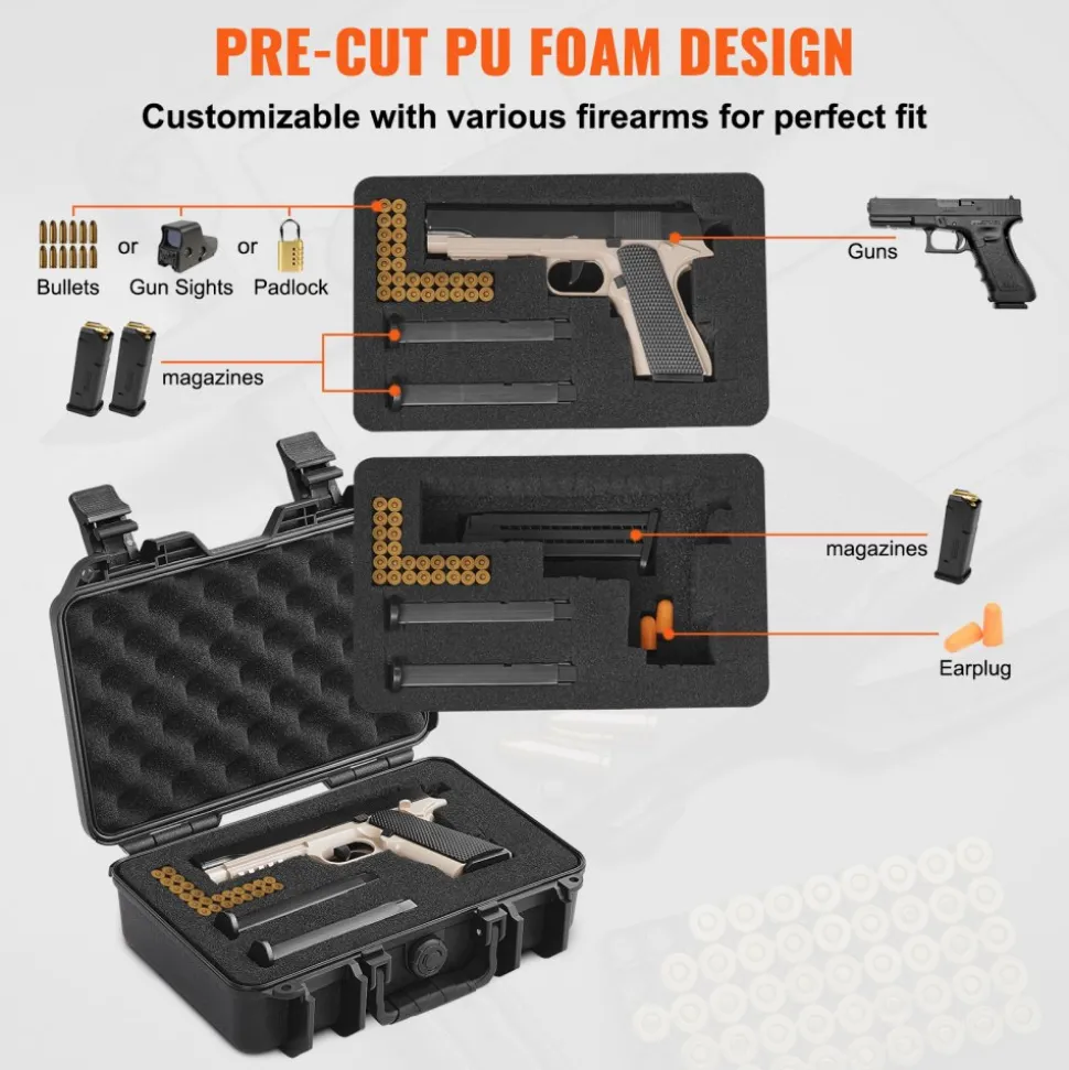 VEVOR Hard Pistol Cases with Pre-cut PU Foam, Waterproof & Dustproof Hard Gun Case for 1 Pistol, 12.59×9.01×4.4 in Lockable Pistol Case, Black