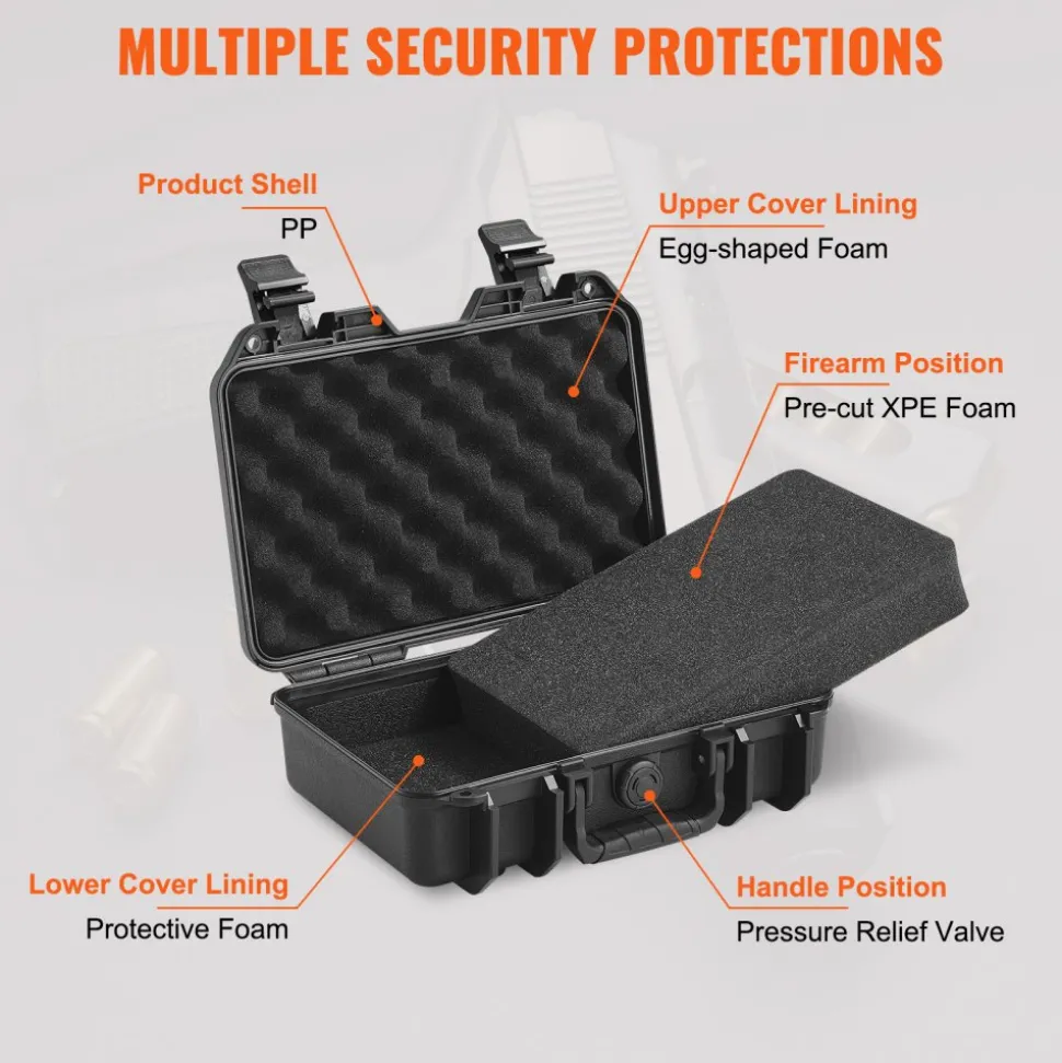VEVOR Hard Pistol Cases with Pre-cut PU Foam, Waterproof & Dustproof Hard Gun Case for 1 Pistol, 12.59×9.01×4.4 in Lockable Pistol Case, Black