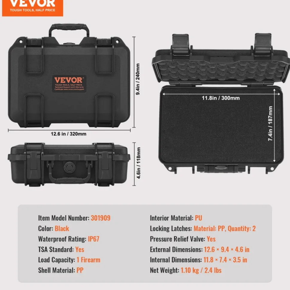 VEVOR Hard Pistol Cases with Pre-cut PU Foam, Waterproof & Dustproof Hard Gun Case for 1 Pistol, 12.59×9.01×4.4 in Lockable Pistol Case, Black