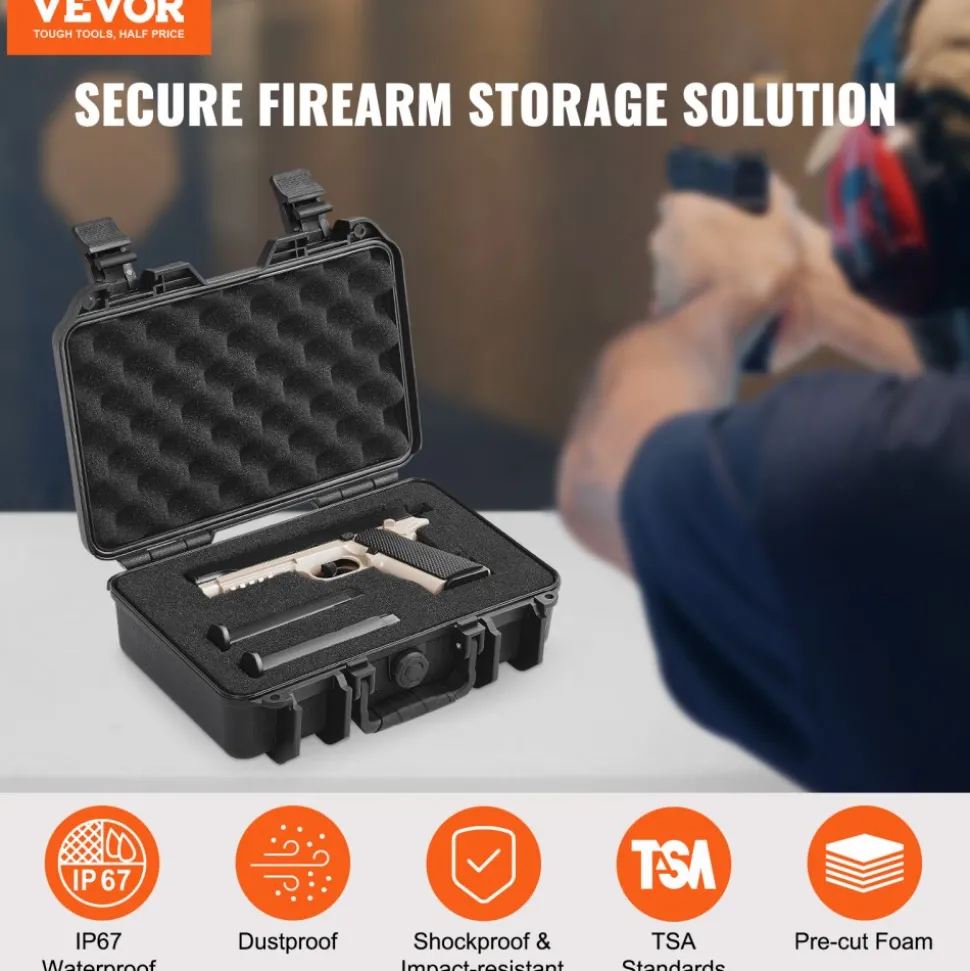 VEVOR Hard Pistol Cases with Pre-cut PU Foam, Waterproof & Dustproof Hard Gun Case for 1 Pistol, 12.59×9.01×4.4 in Lockable Pistol Case, Black