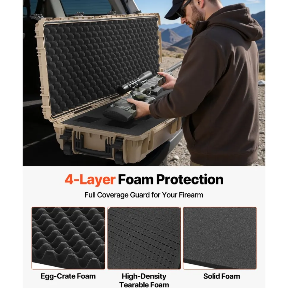 VEVOR Hard Rifle Case, Lockable Rifle Case with Pre-cut Foams, 52 in Gun Storage with Wheels, Heavy Duty IP67 Waterproof & Dustproof Pistol Storage Cases for Rifles, Shotguns, Airsoft Guns, Khaki