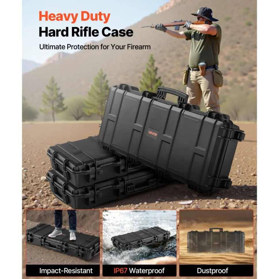 VEVOR Hard Rifle Case, Lockable Rifle Case with 4 Layers Pre-cut Foams, 36 in Gun Storage with Wheels, IP67 Waterproof & Dustproof Pistol Storage Cases for Rifles, Shotguns, Airsoft Guns, Black