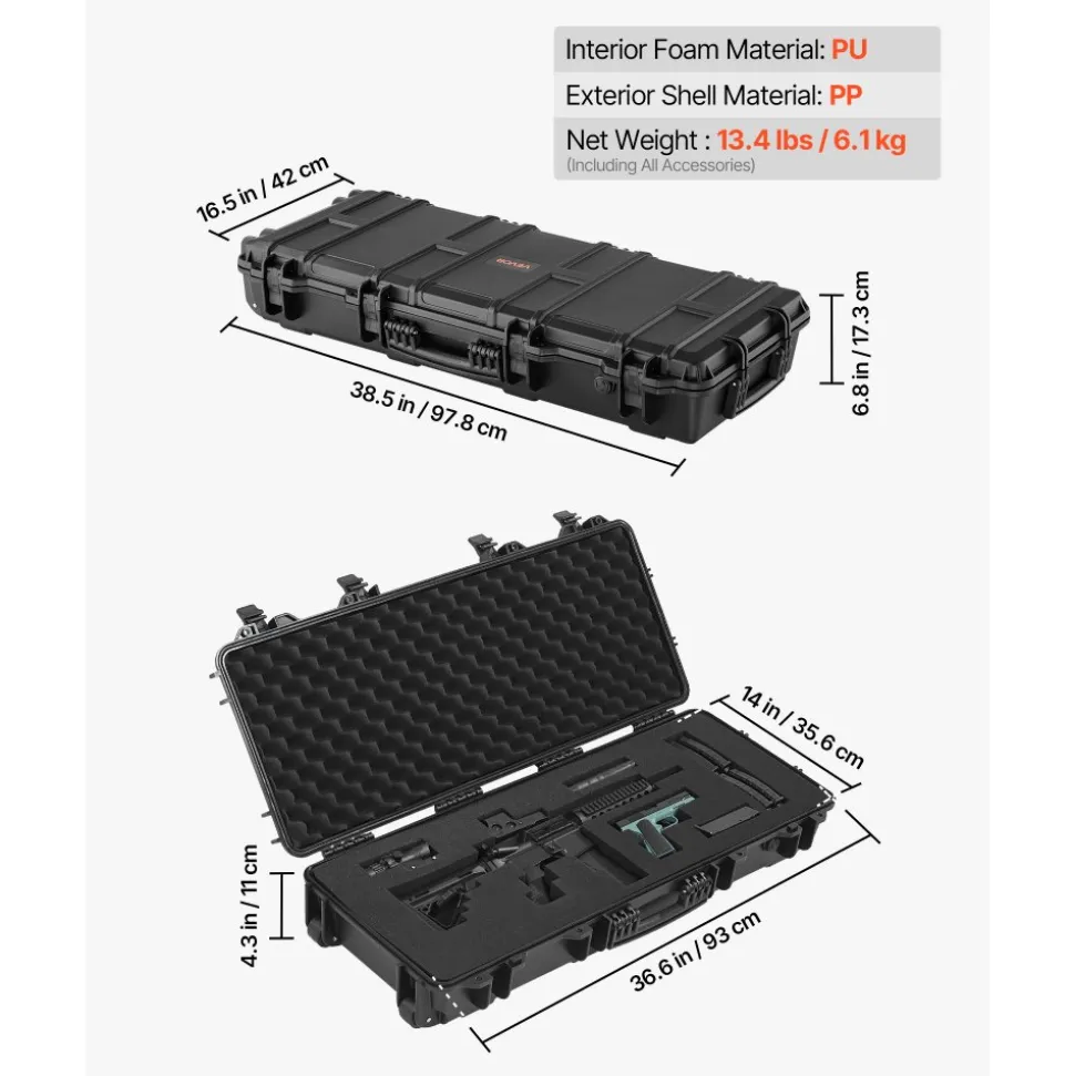 VEVOR Hard Rifle Case, Lockable Rifle Case with 4 Layers Pre-cut Foams, 36 in Gun Storage with Wheels, IP67 Waterproof & Dustproof Pistol Storage Cases for Rifles, Shotguns, Airsoft Guns, Black