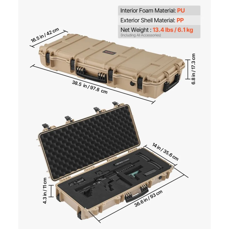 VEVOR Hard Rifle Case, Lockable Rifle Case with 4 Layers Pre-cut Foams, 36 in Gun Storage with Wheels, IP67 Waterproof & Dustproof Pistol Storage Cases for Rifles, Shotguns, Airsoft Guns, Khaki