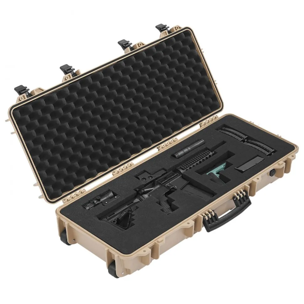 VEVOR Hard Rifle Case, Lockable Rifle Case with 4 Layers Pre-cut Foams, 36 in Gun Storage with Wheels, IP67 Waterproof & Dustproof Pistol Storage Cases for Rifles, Shotguns, Airsoft Guns, Khaki