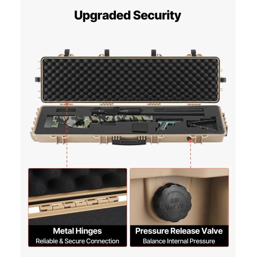VEVOR Hard Rifle Case, Lockable Rifle Case with Pre-cut Foams, 50 in Movable Gun Storage with Wheels, IP67 Waterproof & Dustproof Pistol Storage for Rifle, Shotgun, Airsoft Gun, Khaki
