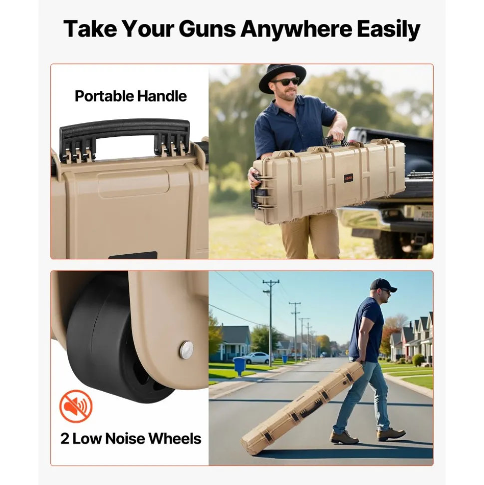 VEVOR Hard Rifle Case, Lockable Rifle Case with Pre-cut Foams, 50 in Movable Gun Storage with Wheels, IP67 Waterproof & Dustproof Pistol Storage for Rifle, Shotgun, Airsoft Gun, Khaki