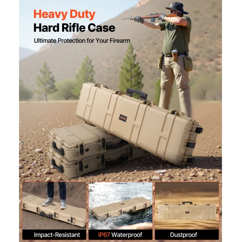 VEVOR Hard Rifle Case, Lockable Rifle Case with Pre-cut Foams, 50 in Movable Gun Storage with Wheels, IP67 Waterproof & Dustproof Pistol Storage for Rifle, Shotgun, Airsoft Gun, Khaki