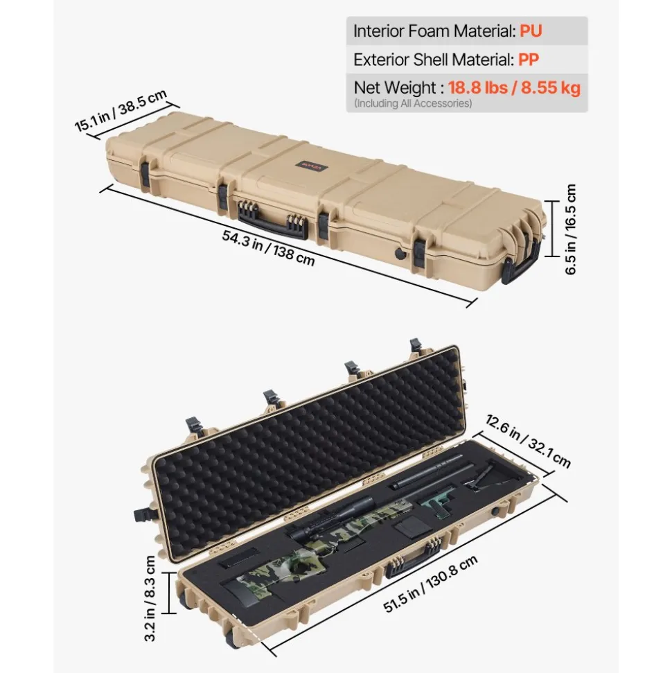 VEVOR Hard Rifle Case, Lockable Rifle Case with Pre-cut Foams, 50 in Movable Gun Storage with Wheels, IP67 Waterproof & Dustproof Pistol Storage for Rifle, Shotgun, Airsoft Gun, Khaki