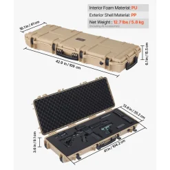 VEVOR Hard Rifle Case, Lockable Rifle Case with Pre-cut Foams, 42 in Movable Gun Storage with Wheels, IP67 Waterproof & Dustproof Pistol Storage for Rifle, Shotgun, Airsoft Gun, Khaki