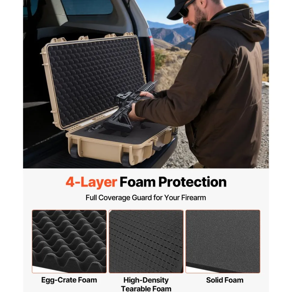 VEVOR Hard Rifle Case, Lockable Rifle Case with Pre-cut Foams, 42 in Movable Gun Storage with Wheels, IP67 Waterproof & Dustproof Pistol Storage for Rifle, Shotgun, Airsoft Gun, Khaki