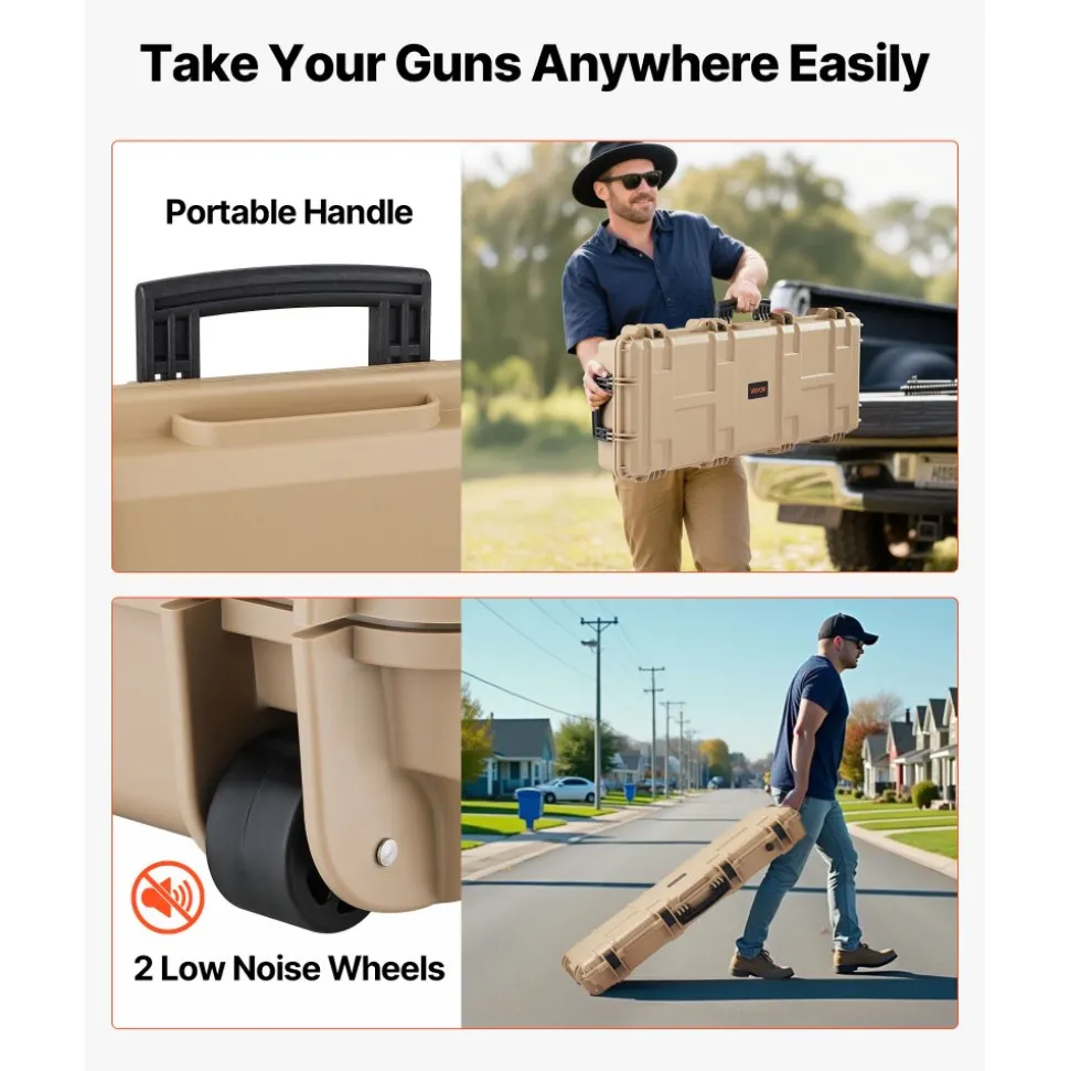 VEVOR Hard Rifle Case, Lockable Rifle Case with Pre-cut Foams, 42 in Movable Gun Storage with Wheels, IP67 Waterproof & Dustproof Pistol Storage for Rifle, Shotgun, Airsoft Gun, Khaki