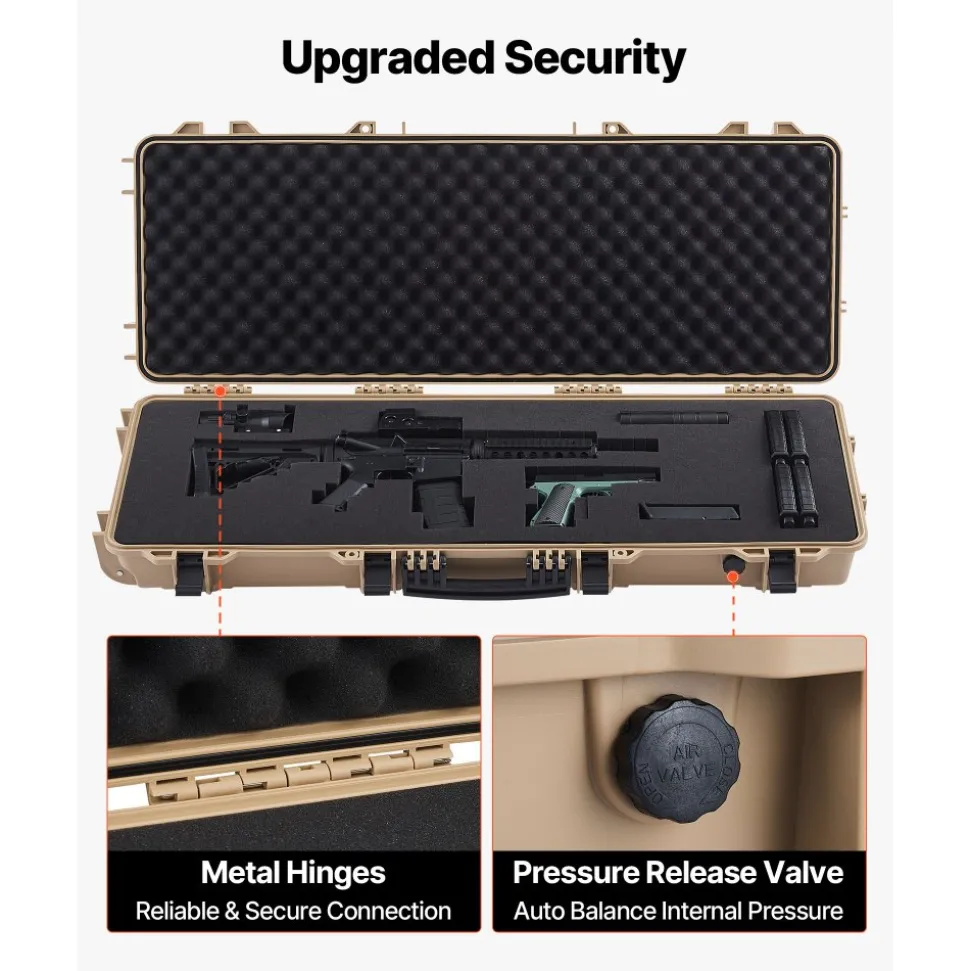 VEVOR Hard Rifle Case, Lockable Rifle Case with Pre-cut Foams, 42 in Movable Gun Storage with Wheels, IP67 Waterproof & Dustproof Pistol Storage for Rifle, Shotgun, Airsoft Gun, Khaki