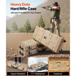 VEVOR Hard Rifle Case, Lockable Rifle Case with Pre-cut Foams, 42 in Movable Gun Storage with Wheels, IP67 Waterproof & Dustproof Pistol Storage for Rifle, Shotgun, Airsoft Gun, Khaki