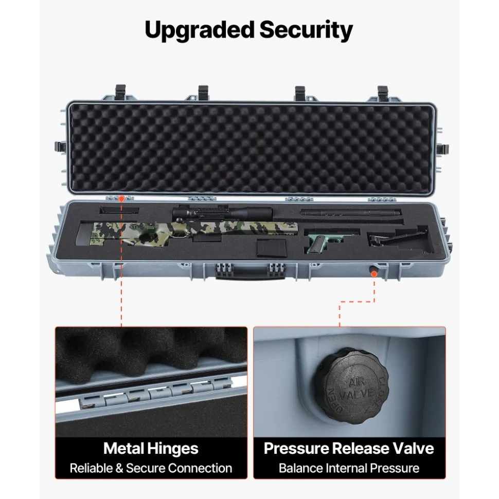VEVOR Hard Rifle Case, Lockable Rifle Case with Pre-cut Foams, 50 in Movable Gun Storage with Wheels, IP67 Waterproof & Dustproof Pistol Storage for Rifle, Shotgun, Airsoft Gun, Grey