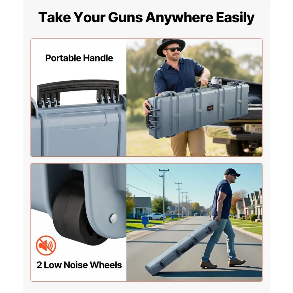 VEVOR Hard Rifle Case, Lockable Rifle Case with Pre-cut Foams, 50 in Movable Gun Storage with Wheels, IP67 Waterproof & Dustproof Pistol Storage for Rifle, Shotgun, Airsoft Gun, Grey