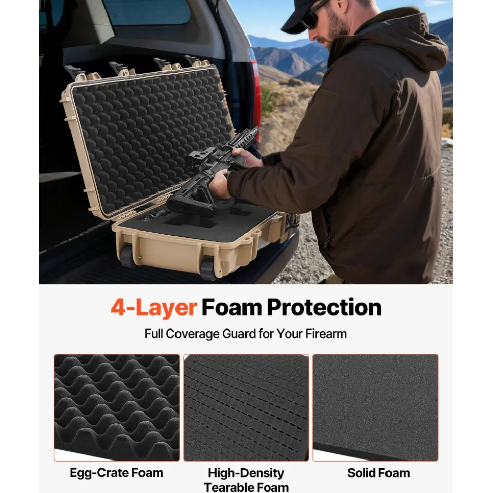 VEVOR Hard Rifle Case, Lockable Rifle Case with Pre-cut Foams, 40 in Gun Storage with Wheels, IP67 Waterproof & Dustproof Movable Large Pistol Storage for Rifles, Shotguns, Airsoft Guns, Khaki