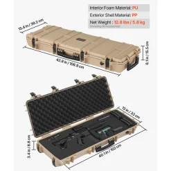 VEVOR Hard Rifle Case, Lockable Rifle Case with Pre-cut Foams, 40 in Gun Storage with Wheels, IP67 Waterproof & Dustproof Movable Large Pistol Storage for Rifles, Shotguns, Airsoft Guns, Khaki