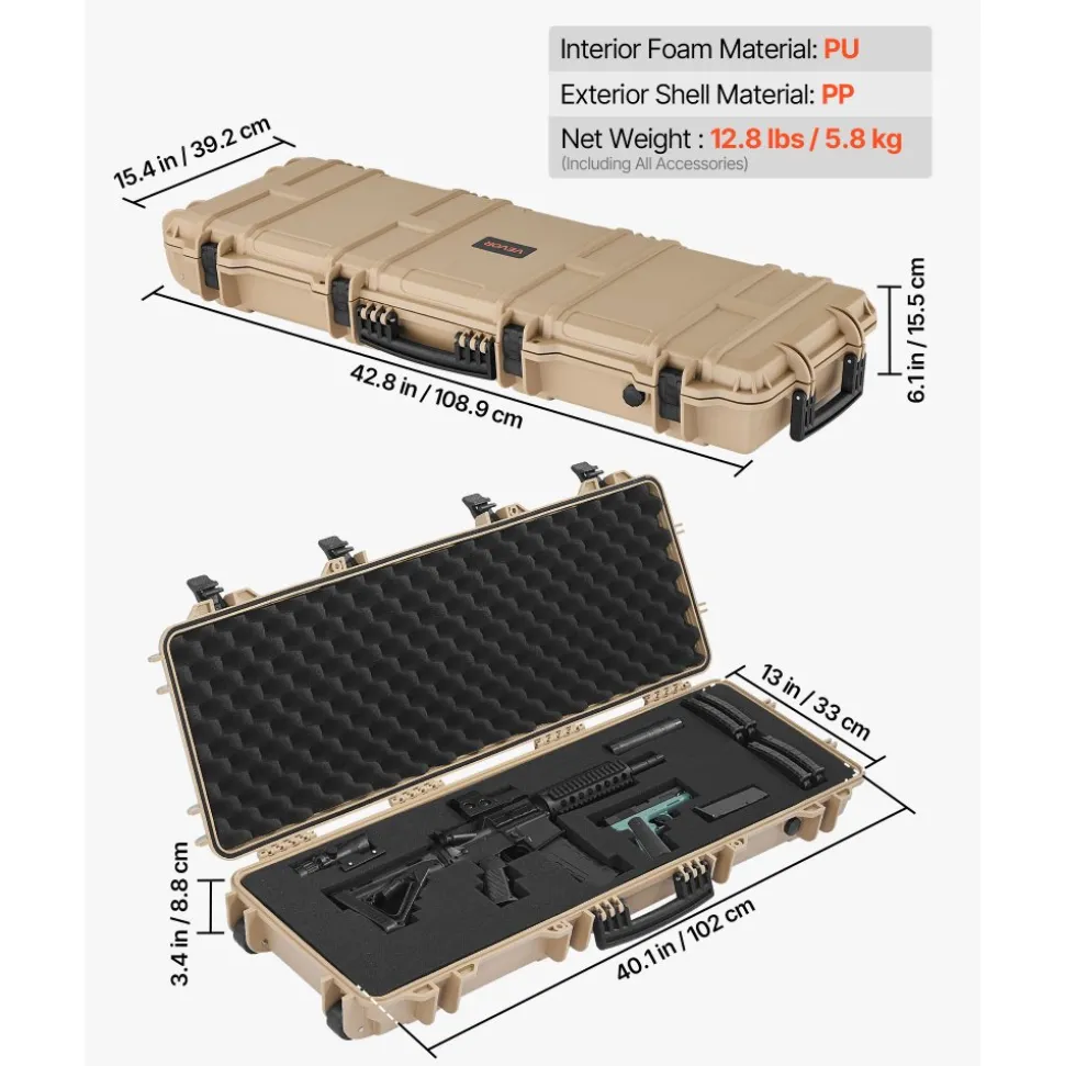 VEVOR Hard Rifle Case, Lockable Rifle Case with Pre-cut Foams, 40 in Gun Storage with Wheels, IP67 Waterproof & Dustproof Movable Large Pistol Storage for Rifles, Shotguns, Airsoft Guns, Khaki
