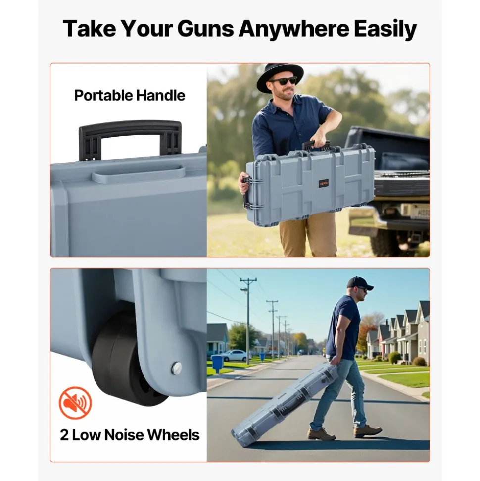 VEVOR Hard Rifle Case, Lockable Rifle Case with Pre-cut Foams, 42 in Movable Gun Storage with Wheels, IP67 Waterproof & Dustproof Pistol Storage for Rifle, Shotgun, Airsoft Gun, Grey