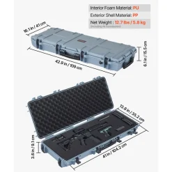 VEVOR Hard Rifle Case, Lockable Rifle Case with Pre-cut Foams, 42 in Movable Gun Storage with Wheels, IP67 Waterproof & Dustproof Pistol Storage for Rifle, Shotgun, Airsoft Gun, Grey