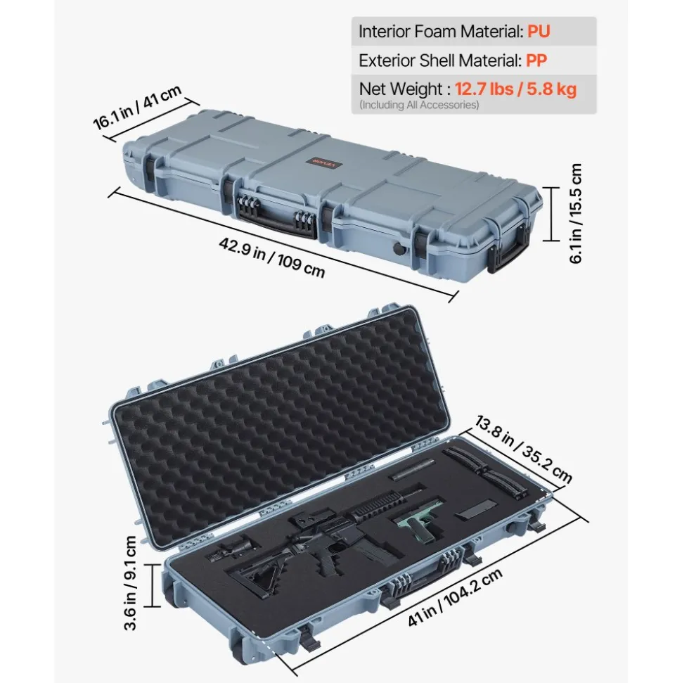 VEVOR Hard Rifle Case, Lockable Rifle Case with Pre-cut Foams, 42 in Movable Gun Storage with Wheels, IP67 Waterproof & Dustproof Pistol Storage for Rifle, Shotgun, Airsoft Gun, Grey