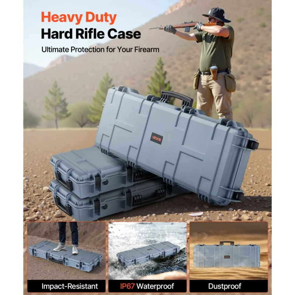 VEVOR Hard Rifle Case, Lockable Rifle Case with Pre-cut Foams, 42 in Movable Gun Storage with Wheels, IP67 Waterproof & Dustproof Pistol Storage for Rifle, Shotgun, Airsoft Gun, Grey